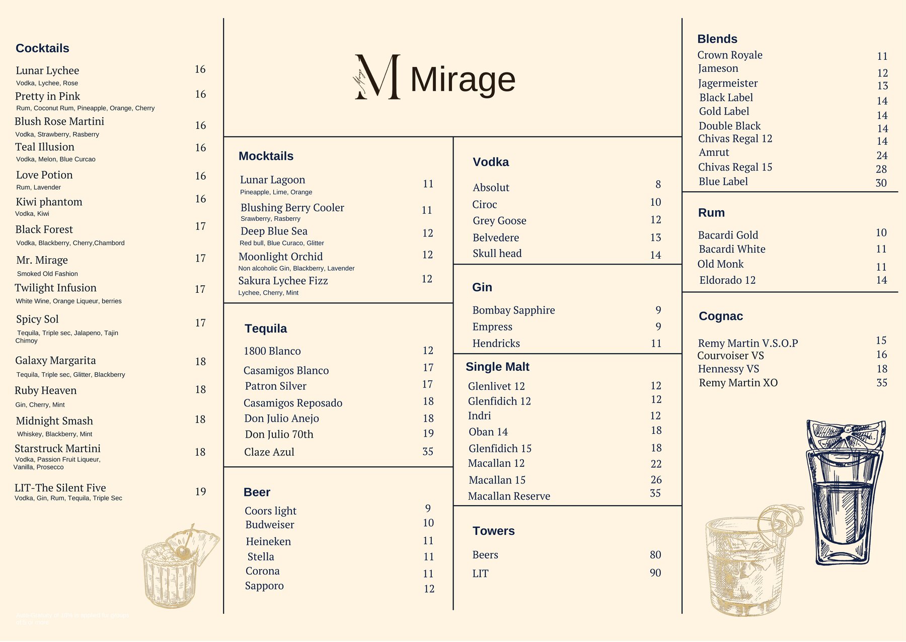 Mirage Lounge Cocktails and Spirits Menu