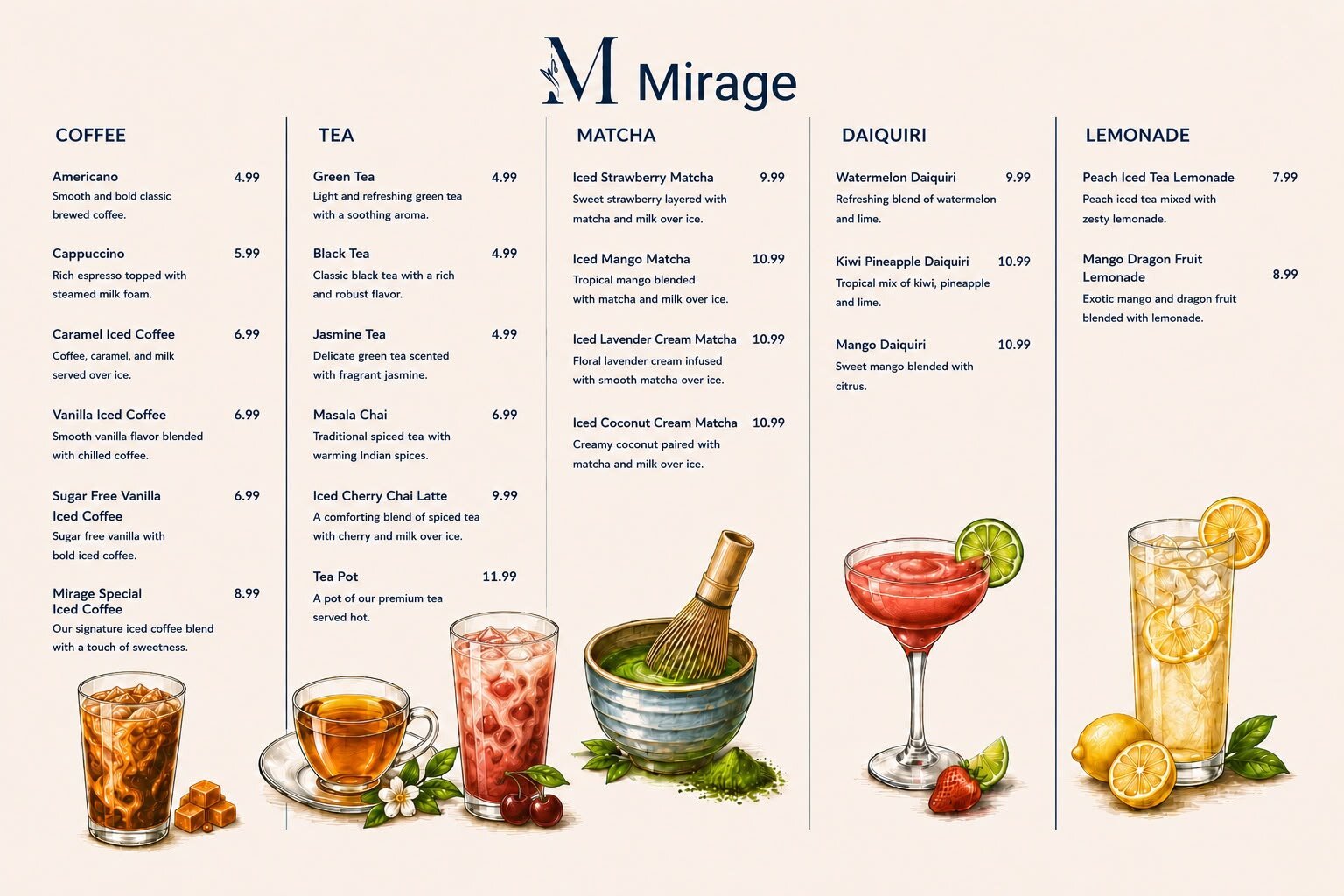 Mirage Lounge Coffee, Tea and Mocktails Menu