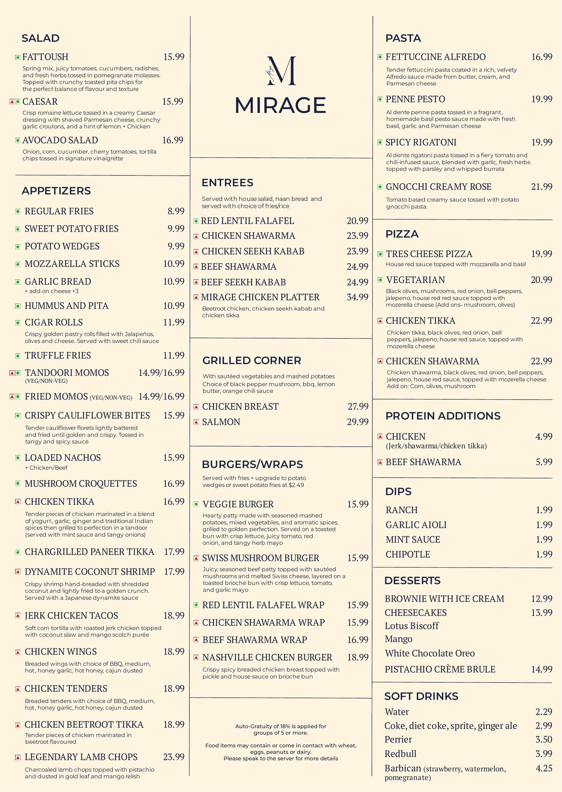 Mirage Lounge Food Menu
